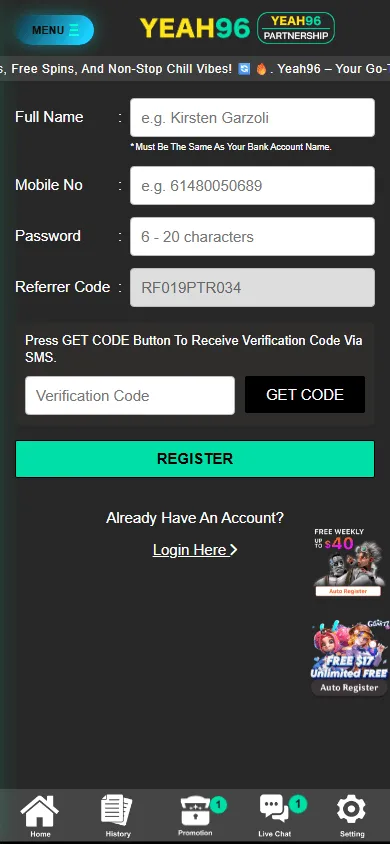 Bunny96 Casino mobile promotions view with the player offer