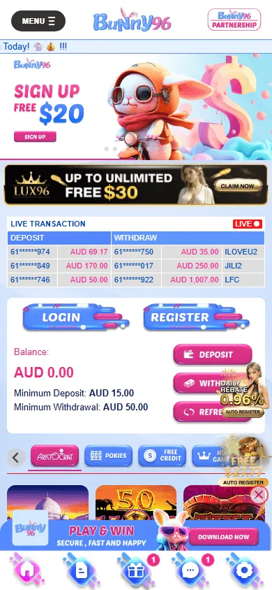 Bunny96 Casino mobile games view with casino categories