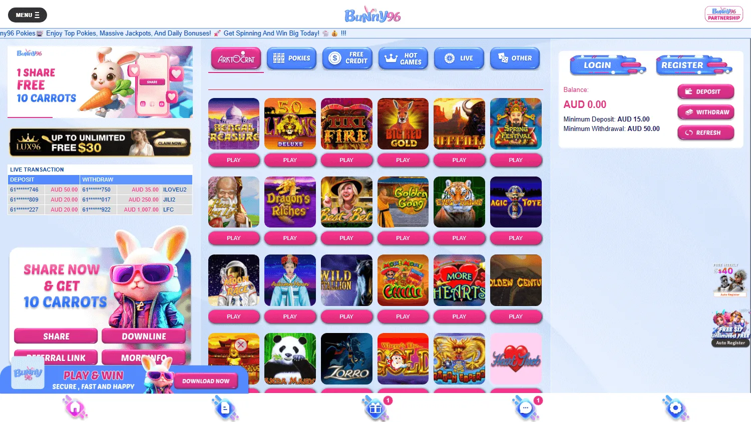 Bunny96 Casino desktop home view for Australian players