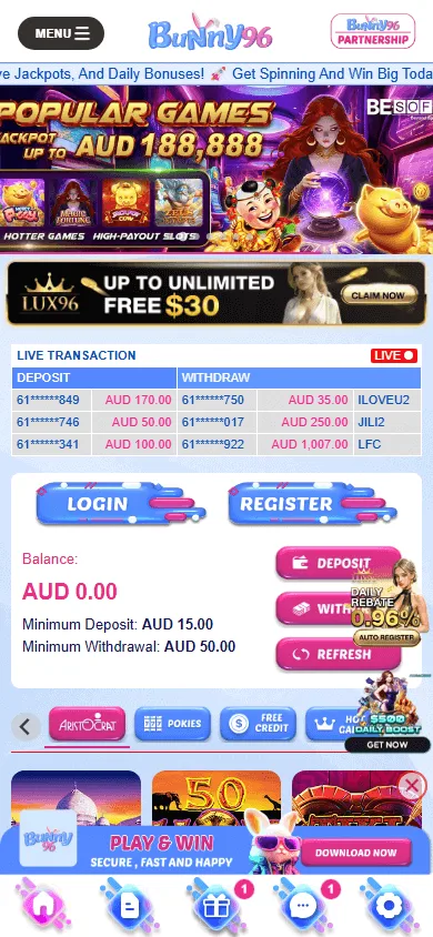 Bunny96 Casino mobile home view for Australian players